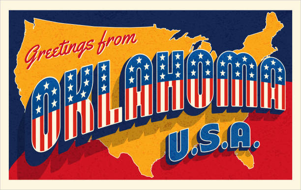 oklahoma usa retro-stil postkarte mit patriotischen sternen und streifen - flag of oklahoma stock-grafiken, -clipart, -cartoons und -symbole