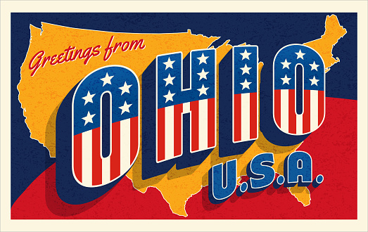 Greetings from Ohio USA. Retro style postcard with patriotic stars and stripes lettering and United States map in the background. For 4th of July or Memorial Day travel. Vector illustration.