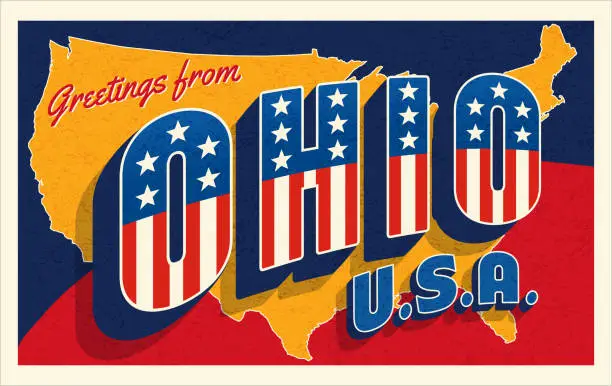 Vector illustration of Ohio USA retro style postcard with patriotic stars and stripes