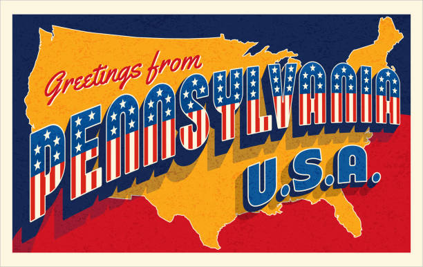 Greetings from Pennsylvania USA. Retro style postcard with patriotic stars and stripes lettering and United States map in the background. For 4th of July or Memorial Day travel. Vector illustration.