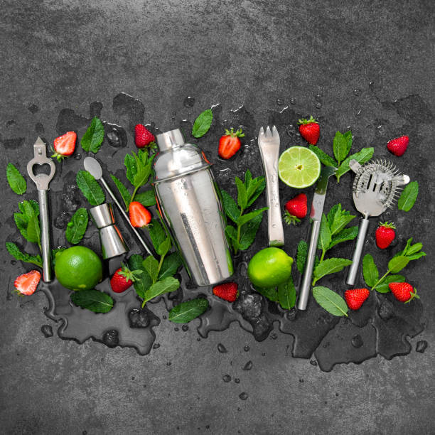 istock Bar tools ingredients strawberry cocktail drink lime mint ice 1226534591