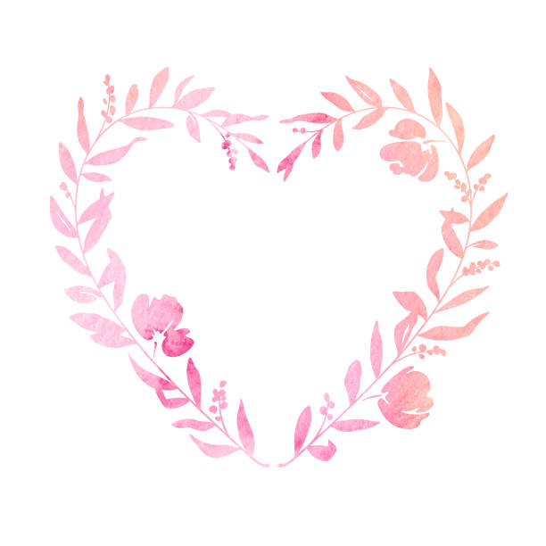 ilustraciones, imágenes clip art, dibujos animados e iconos de stock de corona floral en forma de corazón de acuarela pastel - rose colored illustrations