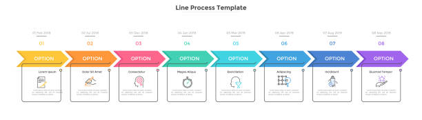 Modern Infographic Template Horizontal chart with 8 rectangular elements, arrows and dates. Eight milestones of company's development history. Simple infographic design template. Flat vector illustration for presentation, report blank timeline infographic stock illustrations