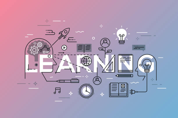 Thin line flat design banner of learning web page Thin line flat design banner for learning web page, exchange and development of ideas and knowledge. Modern vector illustration concept of word learning for website and mobile website banners. learning and development stock illustrations
