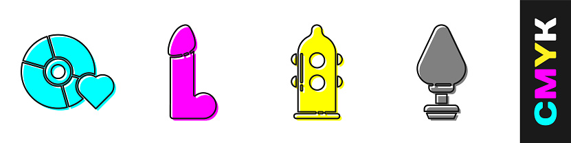 Set Adult label on compact disc, Dildo vibrator, Condom and Anal plug icon. Vector