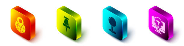 illustrazioni stock, clip art, cartoni animati e icone di tendenza di impostare posizione isometrica sul globo, perno push, pin push e monitor con l'icona del marcatore di posizione. vettore - thumbtack office supply multi colored three dimensional shape