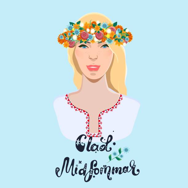 Midsummer holiday banner. Beautiful girl with floral wreath and text Glad Midsommar. Vector illustration. Midsummer holiday banner. Beautiful girl with floral wreath and text Glad Midsommar. Vector illustration. swedish summer stock illustrations