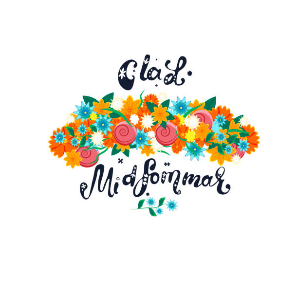 Happy Midsummer greeting poster. Floral wreath and lettering Glad Midsommar. Template for Sweden longest summer day holiday banner background. Vector illustration. Happy Midsummer greeting poster. Floral wreath and lettering Glad Midsommar. Template for Sweden longest summer day holiday banner background. Vector illustration. summer solstice stock illustrations