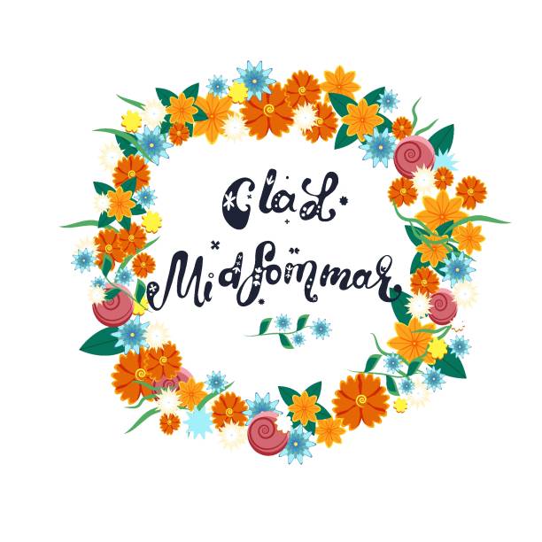 Happy Midsummer greeting poster. Floral wreath and lettering Glad Midsommar. Template for Sweden longest summer day holiday banner background. Vector illustration. Happy Midsummer greeting poster. Floral wreath and lettering Glad Midsommar. Template for Sweden longest summer day holiday banner background. Vector illustration. swedish summer stock illustrations
