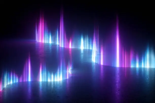 Photo of 3d render, abstract wallpaper with blue pink violet neon light, Aurora Borealis effect, wavy line of plasma jets isolated on black background. Ultraviolet illumination