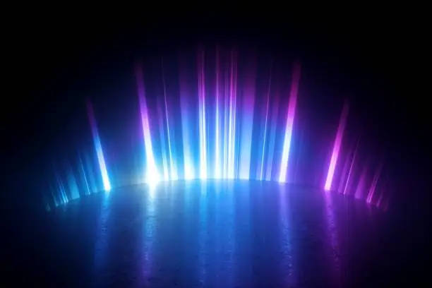 Photo of 3d render, digital illustration. Abstract neon light background. Glowing blue violet rays on empty stage. Plasma effect