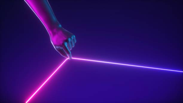 3d render, abstrakte minimale futuristische konzept, künstliche hand zieht violett neon glühende linie. mannequin körperteil isoliert auf dunklem ultraviolettem hintergrund - light violet stock-fotos und bilder