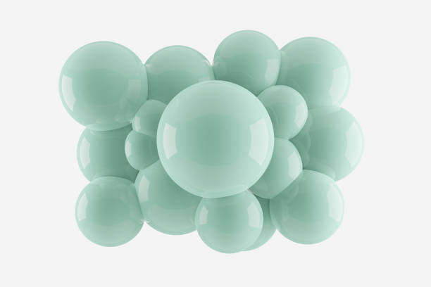 istock 3D rendering abstract minimal graphic illustration. Accumulation glossy, spheres, bubbles different sizes pastel blue, green. Dynamic poster, cover, wallpaper. Foam particles isolated white background 1226548389