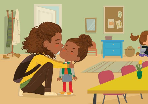 ilustracja matki daje pożegnalny pocałunek do córki. mama daje pocałunek do dziecka w drzwiach szkoły. dziewczynka w wieku przedszkolnym przywita się z mamą w szkole. ilustracja wektorowa. - baby mother nursery african ethnicity stock illustrations