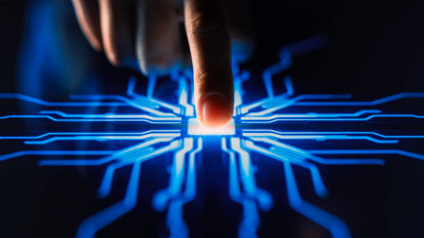 Digitalization Concept: Human Finger Pushes Touch Screen Button and Activates Futuristic Artificial Intelligence. Visualization of Machine Learning, AI, Computer Technology Merge with Humanity Digitalization Concept: Human Finger Pushes Touch Screen Button and Activates Futuristic Artificial Intelligence. Visualization of Machine Learning, AI, Computer Technology Merge with Humanity artificial neural network photos stock pictures, royalty-free photos & images