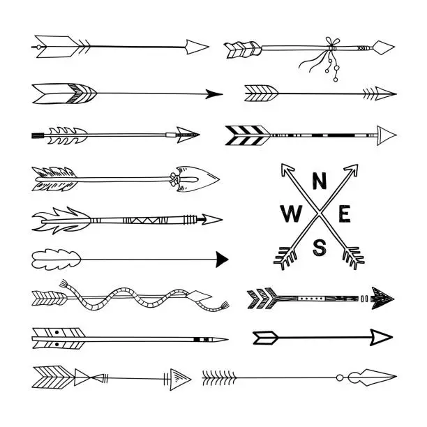 Vector illustration of Hand drawn arrows boho style illustrations vector set. Sketch drawing tribal arrows collection