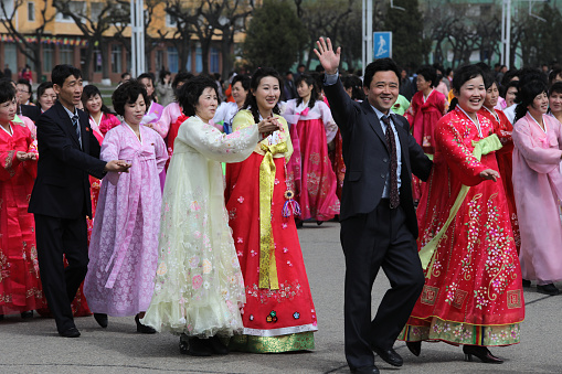 April 15, 2018. Pyongyang, North Korea.\nOn 15 April, North Korea's founding leader Kim Il-Sung's birthday (Day of the Sun), there are mass dance performances in different parts of Pyongyang.