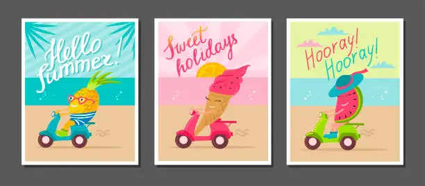 Vector illustration of A set of bright summer posters with funny fruits and lettering for nursery design. Cartoon pineapple, ice cream and watermelon characters ride by scooters along the sea coast.