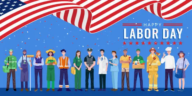 Vector illustration of Happy Labor Day. Various occupations people standing with American flag. Vector