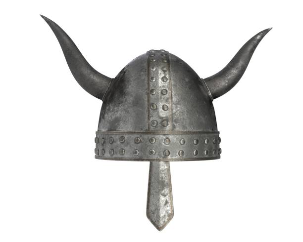 renderização 3d de capacete medieval com chifres isolados em branco - weapon shield european culture security - fotografias e filmes do acervo