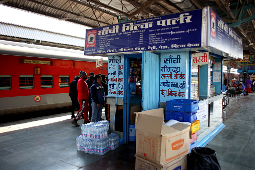Ujjain, Madhya Pradesh, India, February 08, 2020 : Stall for passengers at Ujjain railroad junction in Madhya Pradesh, India.