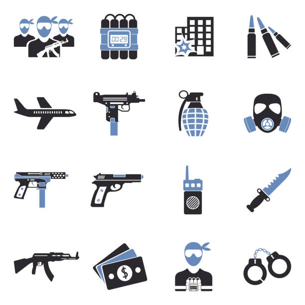 ilustraciones, imágenes clip art, dibujos animados e iconos de stock de iconos terroristas. diseño plano de dos tonos. ilustración vectorial. - computer icon symbol knife terrorism