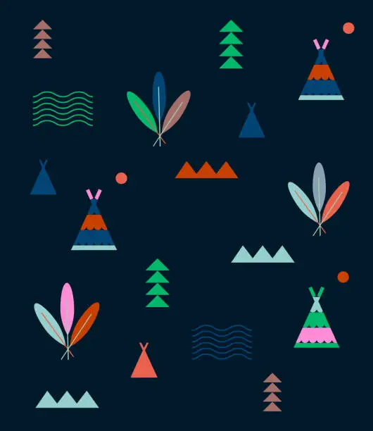 Vector illustration of Geometric minimal native American Aztec Indian seamless pattern. Stylish fashionable stylized summer vector. Nature, mountains, forest, adventure, outdoors boho theme. Play camp tee pee, feathers motif. Editable design element vector for print, wallpaper