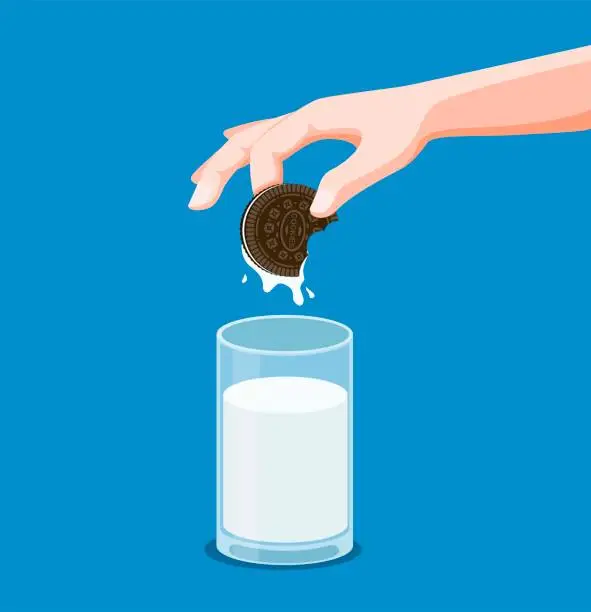 Vector illustration of Cookies sandwich chocolate with milk, hand dipping cookies to fresh milk in cartoon flat illustration vector in blue background