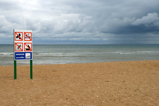 Deserted beach with lifeguard stock photo