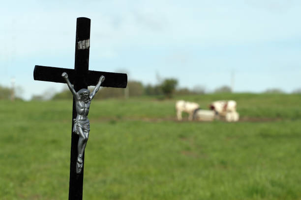 Cross along the road in the countryside stock photo