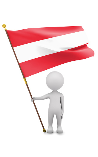 Cartoon 3D stickman figure  is waving Austrian flag with flagpole against white background. 3D render ready to crop all sizes.