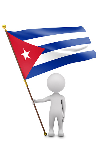 Cartoon 3D stickman figure  is waving Cuban flag with flagpole against white background. 3D render ready to crop all sizes.