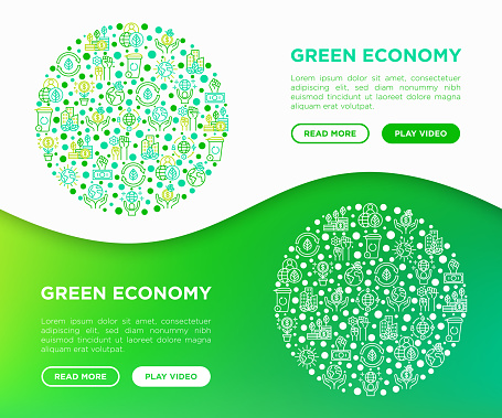 Green economy concept in circle with thin line icons: financial growth, green city, zero waste, circular economy, anti-globalism, global consumption. Vector illustration for environmental issues.
