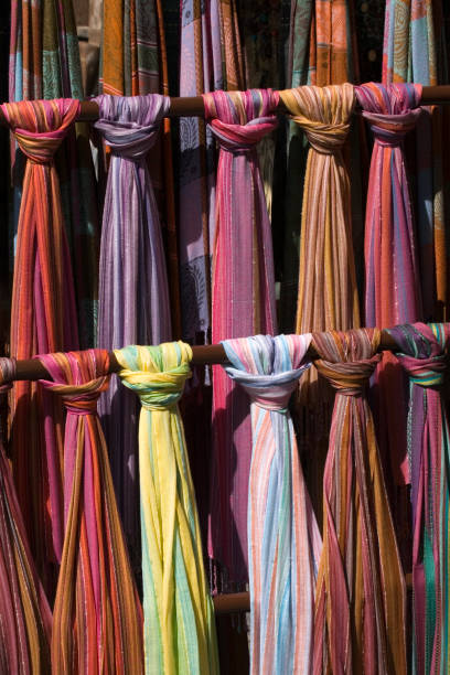 Assortment of coloured textiles stock photo