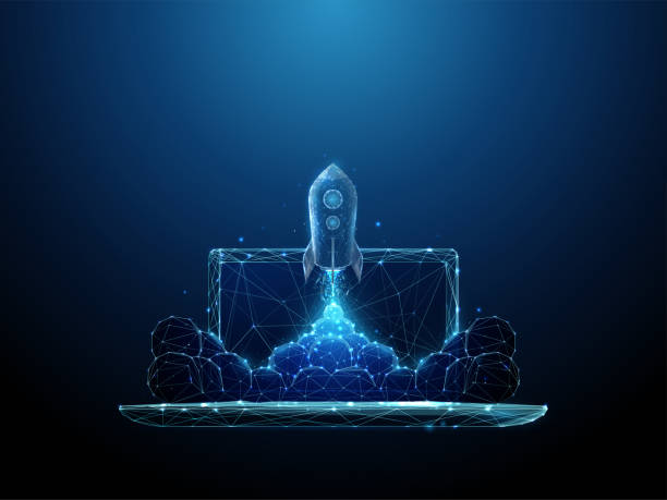Abstract low poly rocket launch from laptop Abstract rocket launch from laptop. Start up concept in low poly style design. Blue geometric background. Wireframe light connection structure. Modern 3d graphic concept. Isolated vector illustration. start ups stock illustrations
