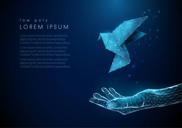 Abstract open hand with flying paper bird Abstract open hand with flying paper bird. Low poly style design. Blue geometric background. Wireframe light connection structure. Modern 3d graphic concept. Isolated vector illustration. origami hand stock illustrations
