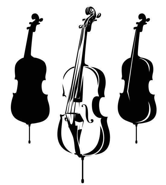 ilustraciones, imágenes clip art, dibujos animados e iconos de stock de instrumento musical de violonchelo clásico contorno vectorial blanco y negro y silueta - chello