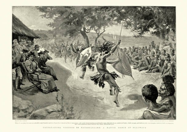 ilustrações de stock, clip art, desenhos animados e ícones de native matabele warrior dance at bulawayo, 19th century - zulu african descent africa dancing