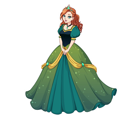 Pretty Cartoon Princess Standing And Wearing Green Ball Dress Red Curly  Hair Big Blue Eyes Stock Illustration - Download Image Now - iStock
