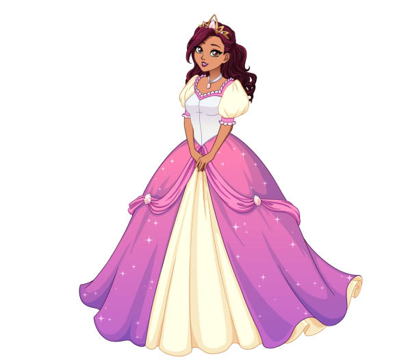 Pretty Cartoon Princess Standing And Wearing Pink Ball Dress Dark Curly  Hair Big Brown Eyes Stock Illustration - Download Image Now - iStock