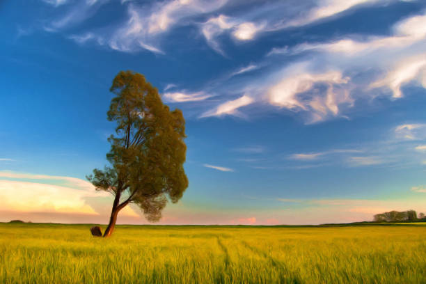 Oil landscape painting showing lonely tree on the meadow in spring.