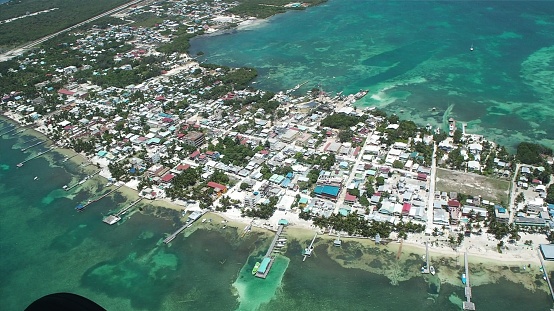 Ambergris caya aerial photo from plane window belize central america caribbean