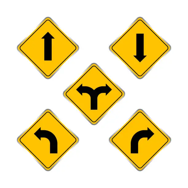 Vector illustration of road signs yellow set, traffic road sign yellow isolated on white, signpost caution for direction, road sign and black arrow pointing