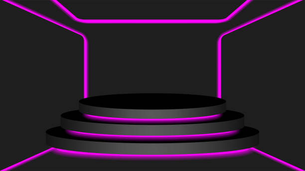 istock black circle pedestal 3d and purple light neon lamp glowing, cosmetics display modern and led light, podium stage show for position decor purple fluorescent glow light, pedestal box for product place 1226569305