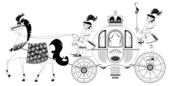 Princess Fantasy Carriage with Coachman and a Horse. Black and white. Vector illustration