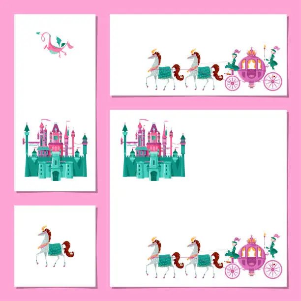 Vector illustration of Set of 4 universal cards with Fairytale medieval castle and Princess Fantasy Carriage. Template. Happy birthday! Children’s party, congratulation card.