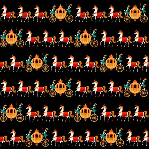 Vector illustration of Princess Fantasy Carriages with Coachmen and Horses. Seamless background pattern.