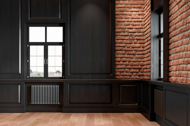 istock Empty loft interior with wall panel, brick wall and wood floor. 3d render illustration mock up. 1226572187