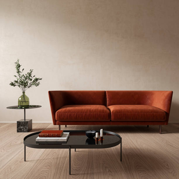 istock Modern minimalist beige interior with orange sofa and coffee table. 3d render illustration mock up. 1226572764