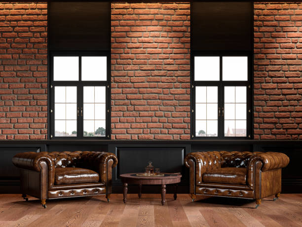 loft interior with leather armchairs, brick wall, wall panel, coffee table. 3d render illustration mock up. - bar chairs imagens e fotografias de stock